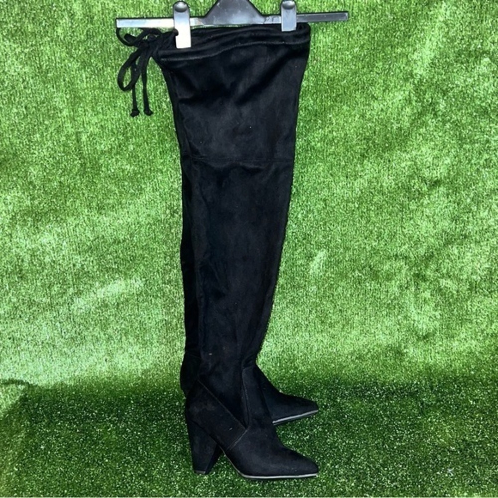 Black Suede Thigh High Wedged boots. Size 8 wide
